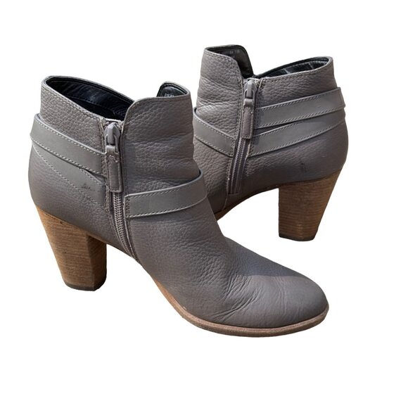 Women's Gray Leather Ankle Boots With Buckle & Zipper Closure Stacked Heel - Picture 6 of 8